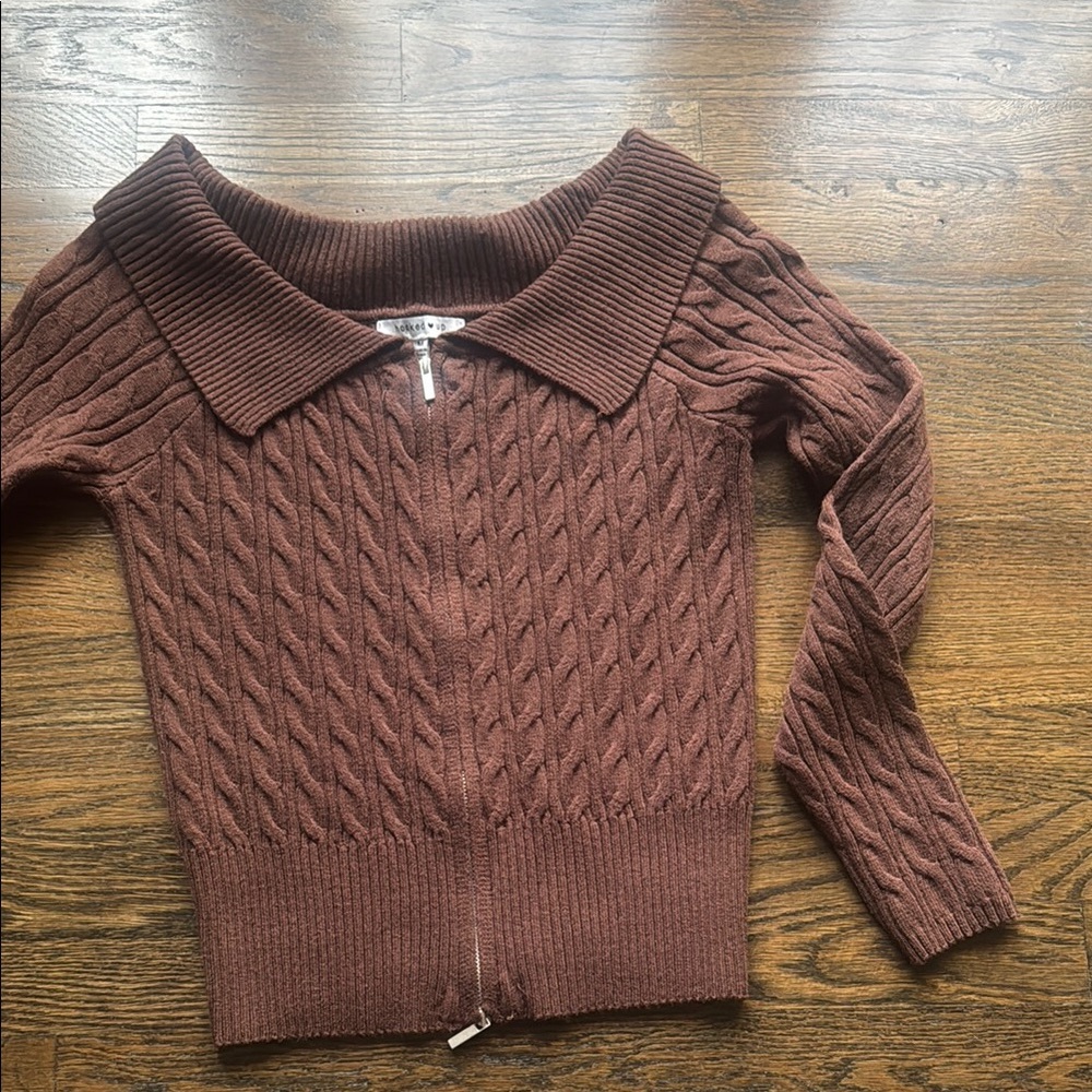 Brown Cable Knit Sweater Off The Shoulder